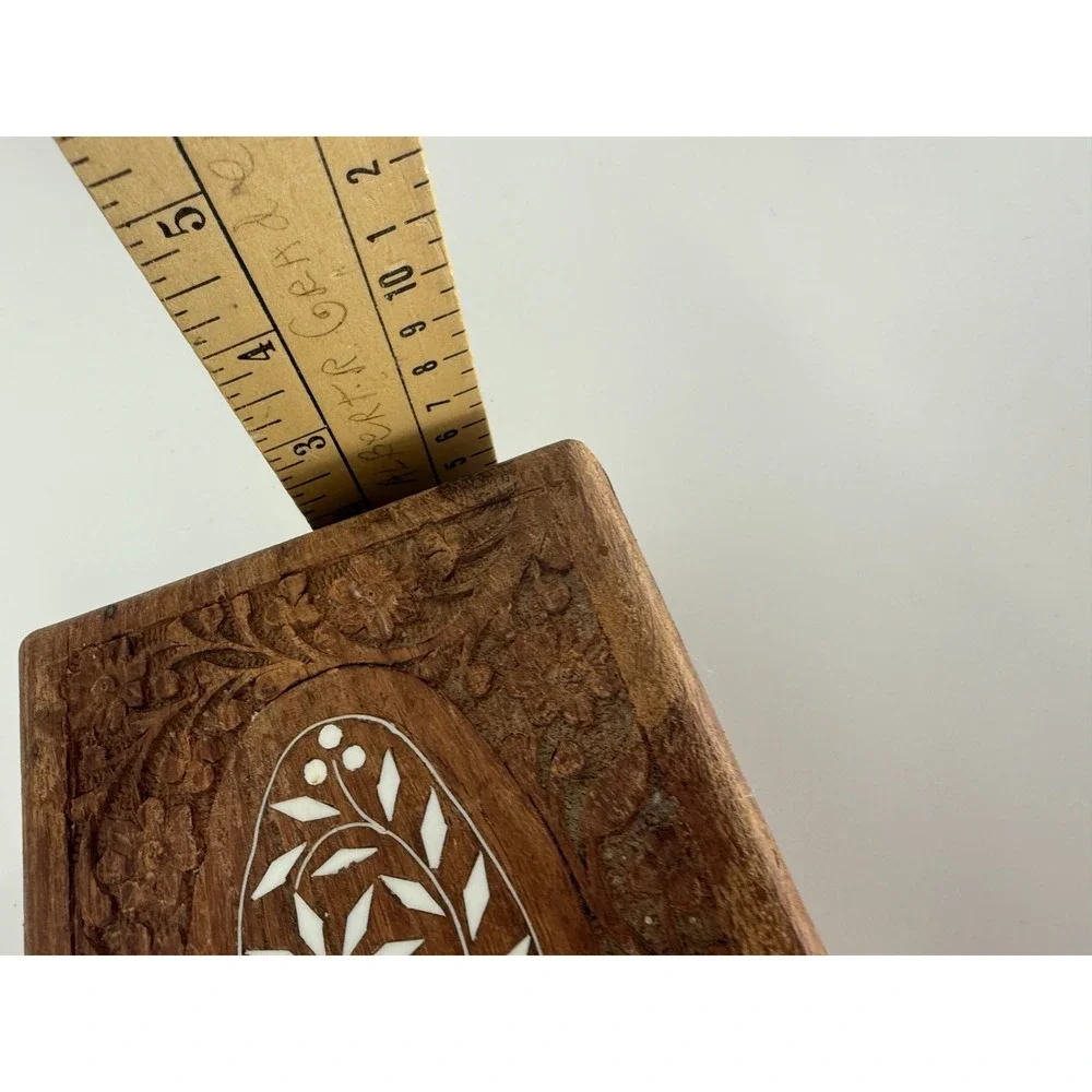 Vintage Sheesham Wood Jewelry Box Floral Carved Inlay‎ India 6.5x4.75x2.75 BoHo